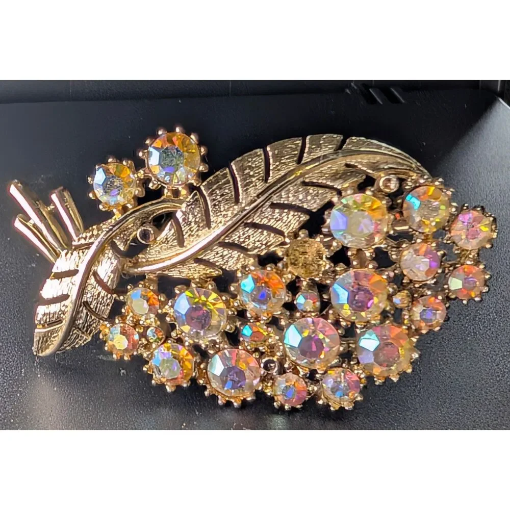 Vintage AB Rhinestone Leaf Brooch Gold Tone Signed C Missing Stones